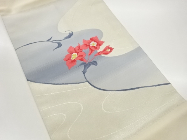 曲線に花葉模様織出し名古屋帯